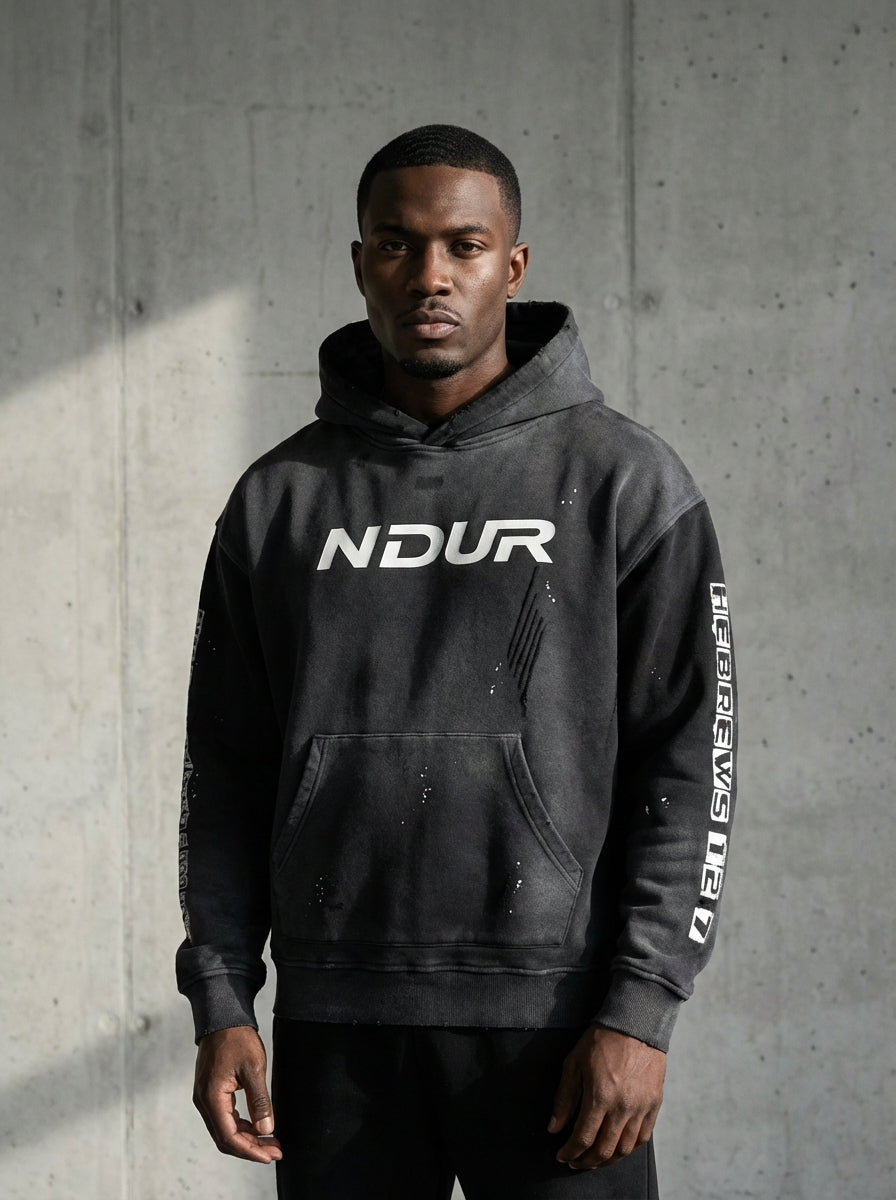 NDUR Vintage Washed Frayed Fleece Hoodie - Hebrews 12:7 Edition