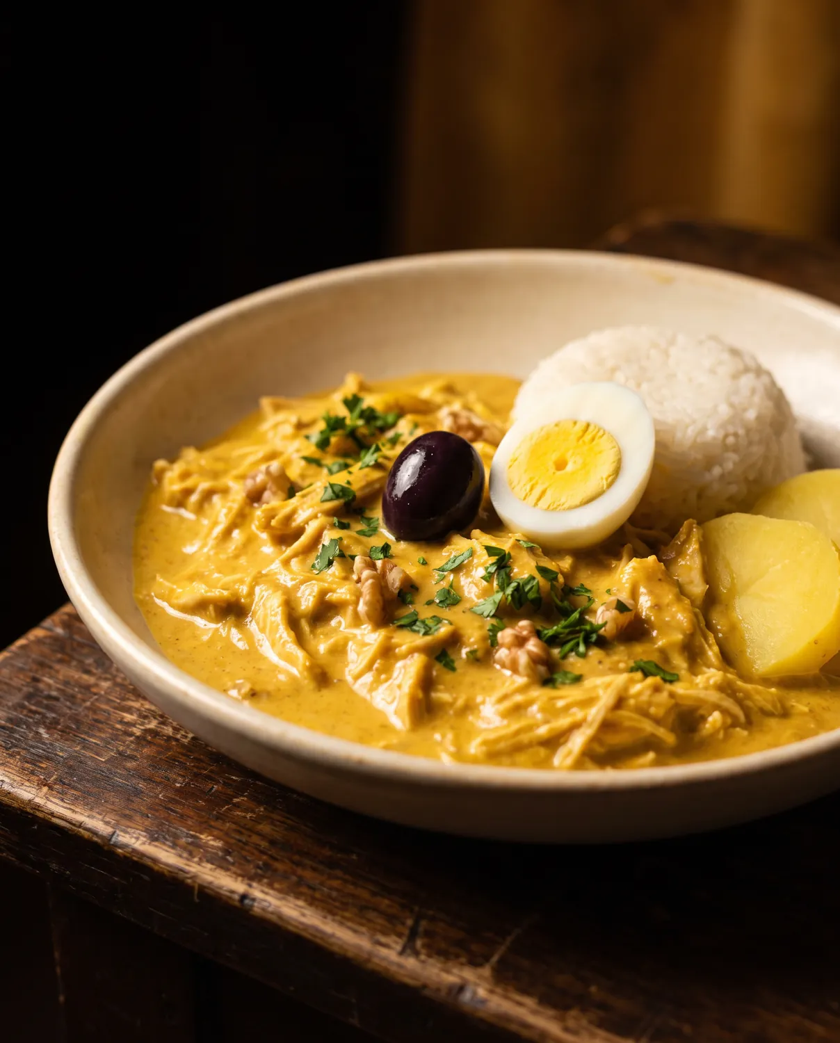 Ají de gallina: shredded chicken in a golden pepper sauce with olives, egg and rice