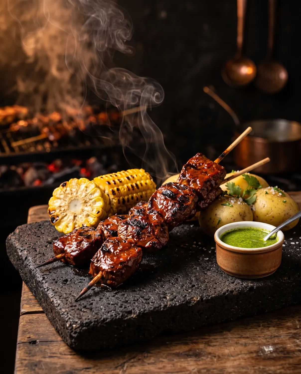 Anticuchos: charcoal-grilled skewers glazed with red ají panca on a stone board, with grilled corn, potatoes and green huacatay sauce