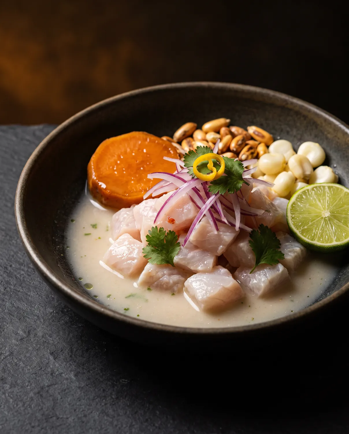 Ceviche clásico: cubes of white fish in leche de tigre with red onion, sweet potato and toasted corn