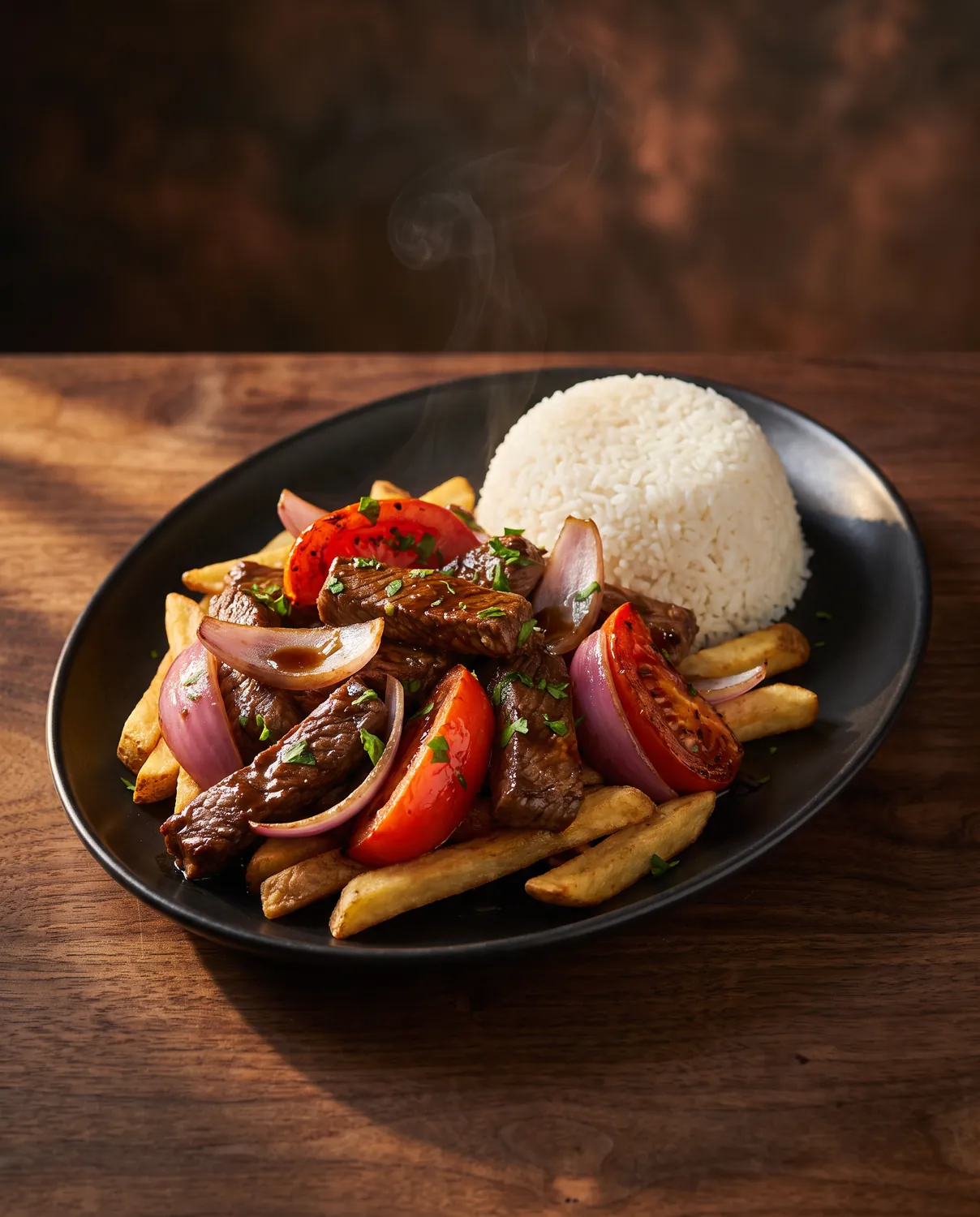 Lomo saltado: seared strips of beef with tomato and onion over fries, beside a dome of white rice
