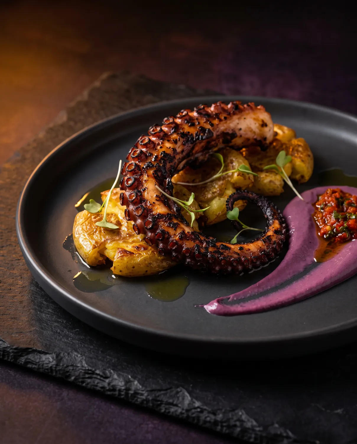 Grilled octopus on crispy potatoes with a swoosh of purple olive aioli and red rocoto sauce