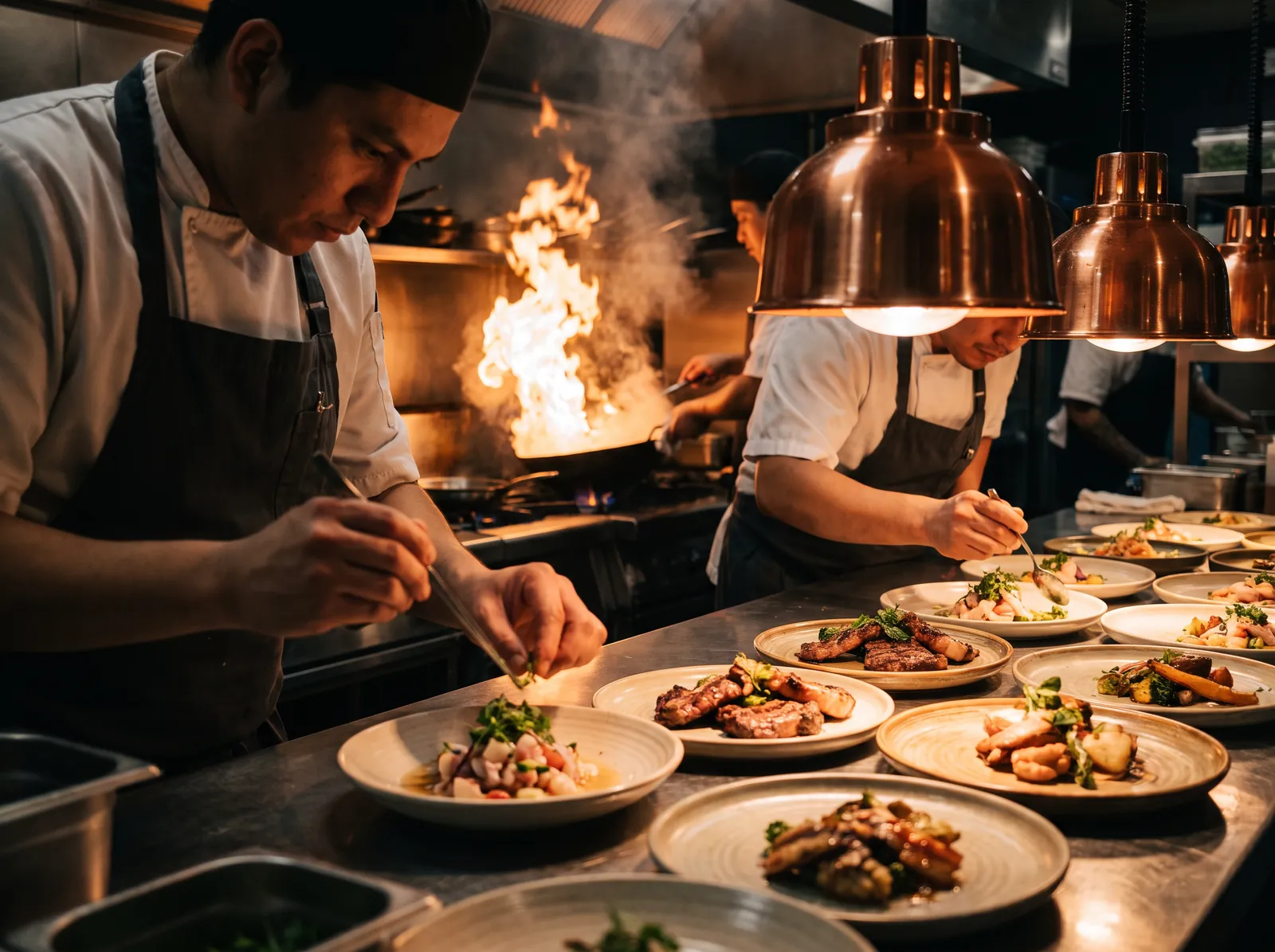 Cooks plating dishes under copper heat lamps at the open counter, with a wok flaring behind them