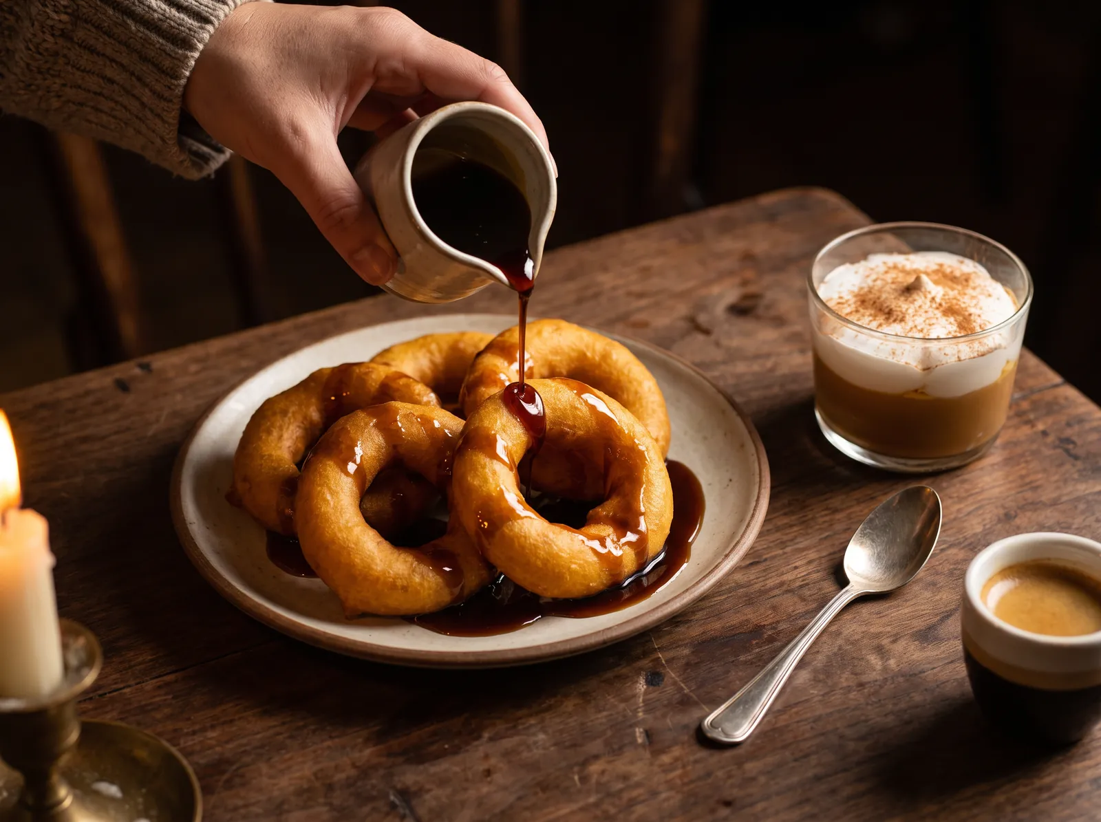 Picarones drizzled with dark syrup beside a suspiro limeño and an espresso