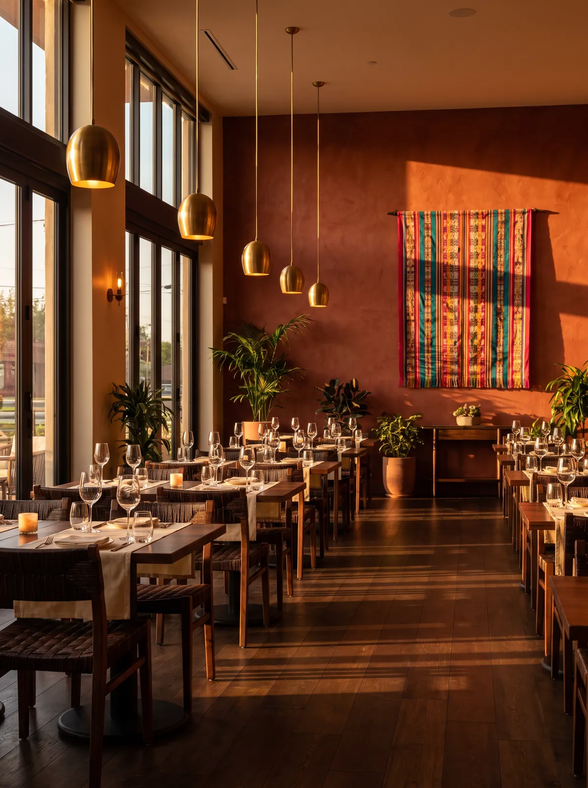 The dining room at golden hour, with warm pendant lights over set tables