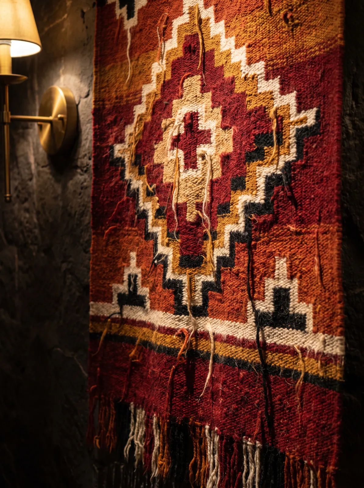 Close-up of a woven Peruvian textile on the dining room wall